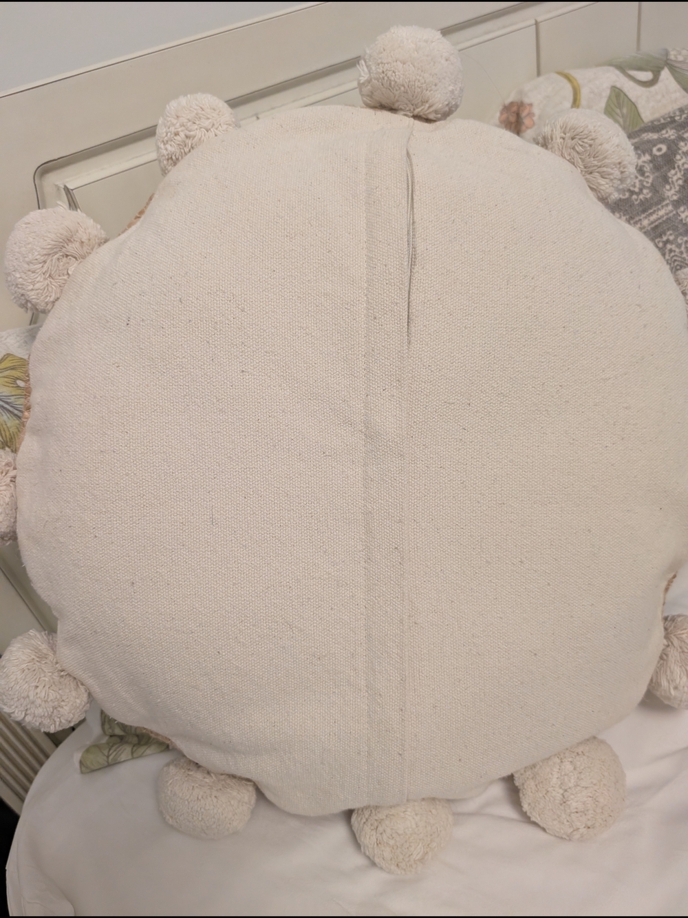 Bohemian Large Round Woven Jute Pillow With Pom Poms - Picture 6 of 13
